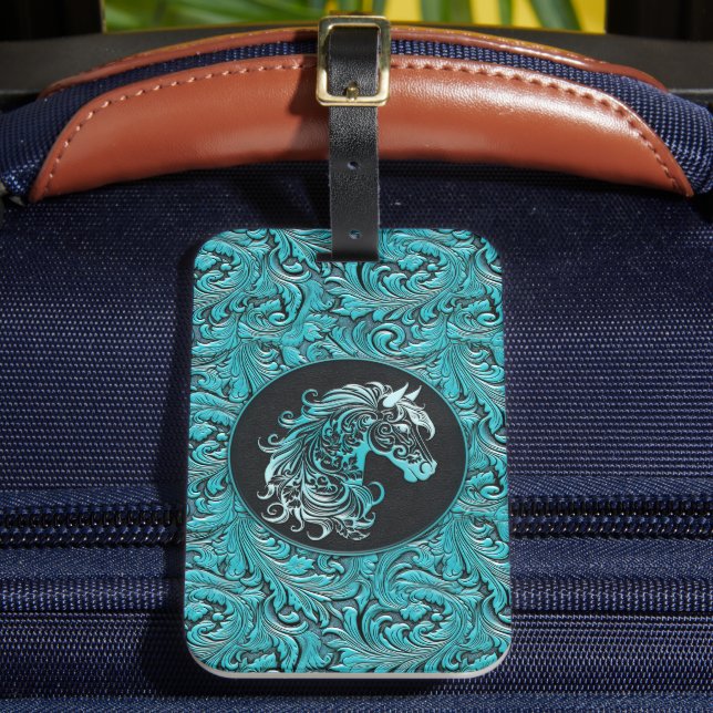 Turquoise cowgirl floral tooled leather horse head luggage tag (Front Insitu 2)
