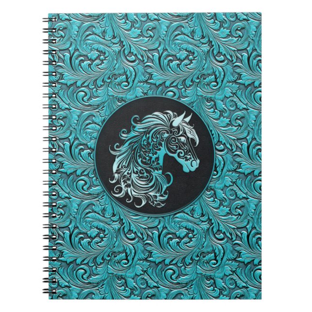 Turquoise cowgirl floral tooled leather horse head notebook (Front)