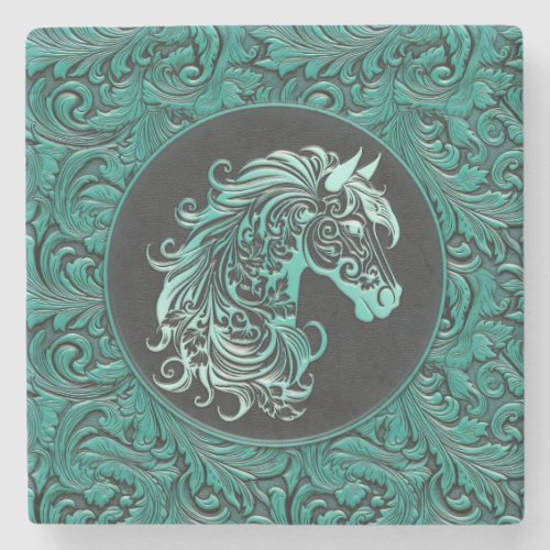 Turquoise cowgirl floral tooled leather horse head stone coaster