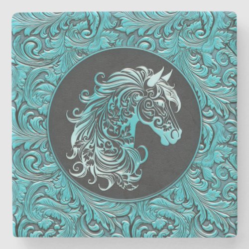 Turquoise cowgirl floral tooled leather horse head stone coaster