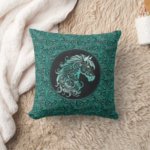 Turquoise cowgirl floral tooled leather horse head throw pillow