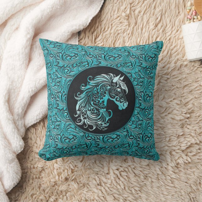 Turquoise cowgirl floral tooled leather horse head throw pillow (Blanket)