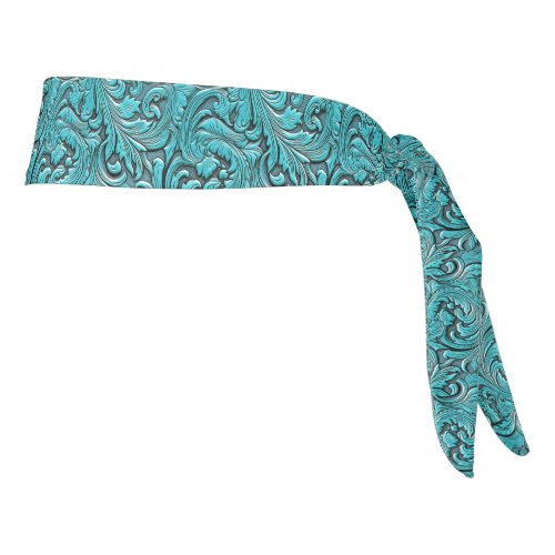 Turquoise cowgirl floral tooled leather horse head tie headband