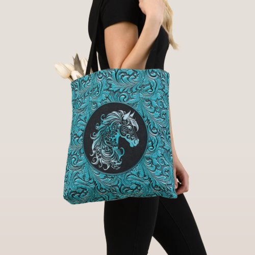 Turquoise cowgirl floral tooled leather horse head tote bag