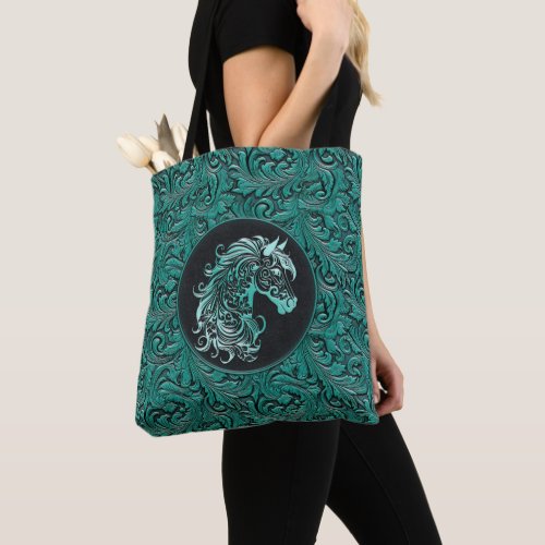 Turquoise cowgirl floral tooled leather horse head tote bag