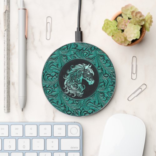 Turquoise cowgirl floral tooled leather horse head wireless charger 