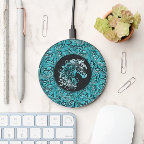 Turquoise cowgirl floral tooled leather horse head wireless charger 