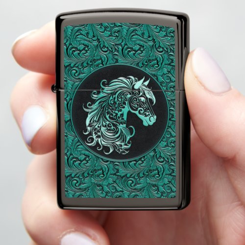 Turquoise cowgirl floral tooled leather horse head zippo lighter