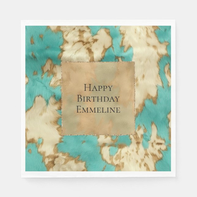 Turquoise  Cream Animal Cowhide Western Cowgirl Napkins (Front)