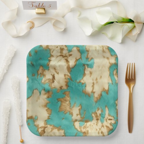 Turquoise  Cream Animal Cowhide Western Cowgirl Paper Plates