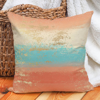 Turquoise Cream Coral Gold Boho Coastal Throw Pillow