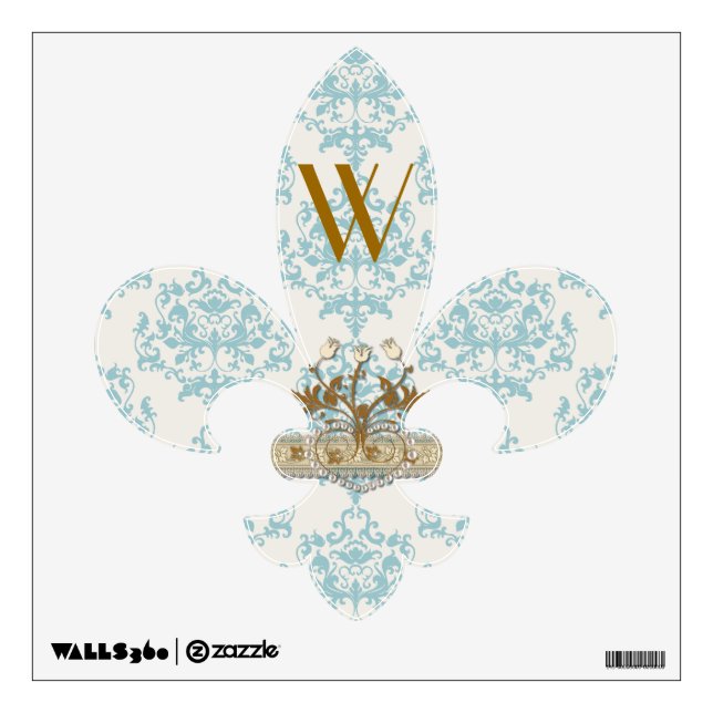 Turquoise & Cream Damask Fleur De Lis Wall Decal (Front)