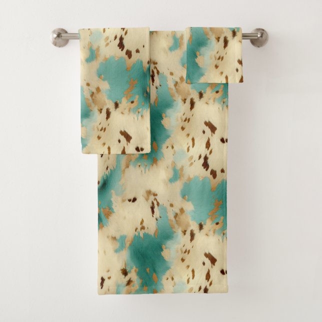 Turquoise Cream Gold Southwest Cowhide Bath Towel Set (Insitu)