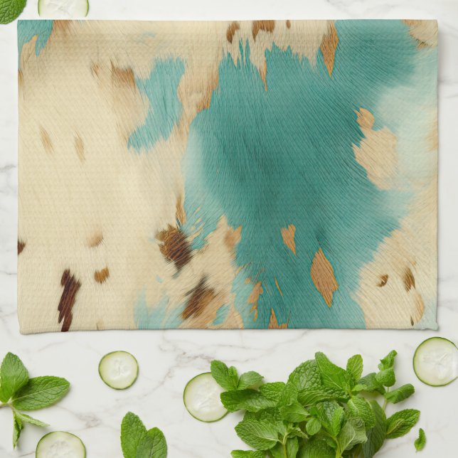 Turquoise Cream Gold Southwest Cowhide Kitchen Towel (Folded)