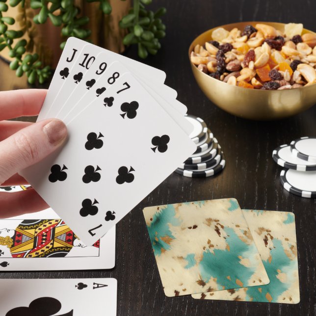 Turquoise Cream Gold Southwest Cowhide Poker Cards (In Situ)