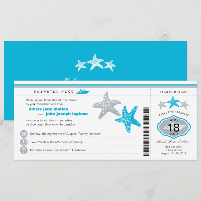 Turquoise Cruise Starfish Boarding Pass Wedding Invitation (Front/Back)