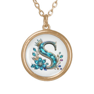 Turquoise Crystal Letter S & Crown Gold Plated Necklace