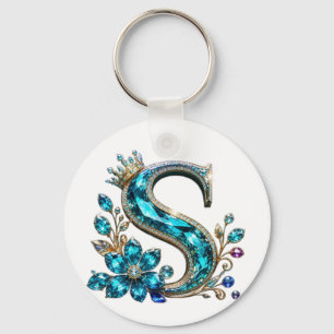 Turquoise Crystal Letter S & Crown Keychain