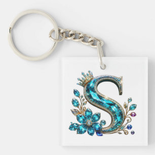 Turquoise Crystal Letter S & Crown Keychain