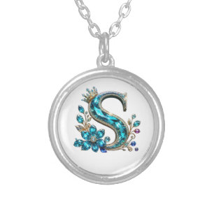 Turquoise Crystal Letter S & Crown Silver Plated Necklace