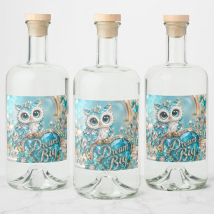 Turquoise Crystal Owl Dream Big Luxury Design Liquor Bottle Label