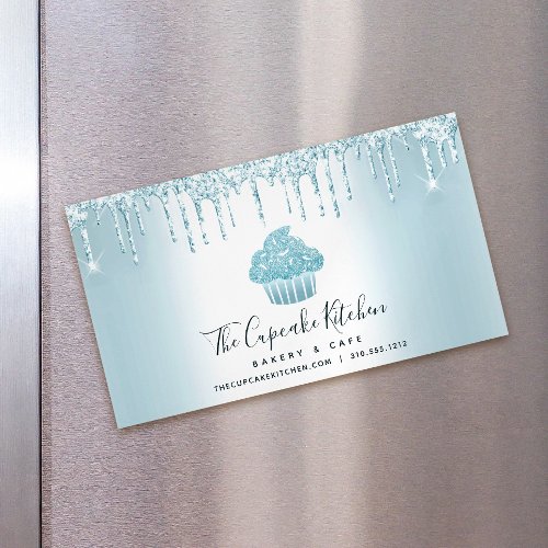Turquoise Cupcake Bakery Pastry Chef Glitter Drips Business Card Magnet