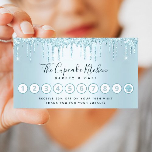 Turquoise Cupcake Bakery Pastry Chef Glitter Drips Loyalty Card