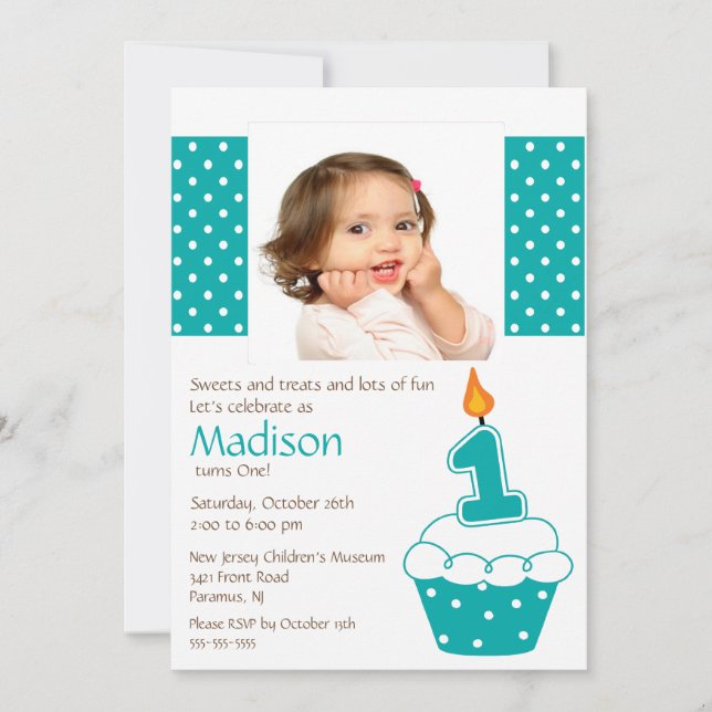 Turquoise Cupcake Photo Birthday Invitation (Front)