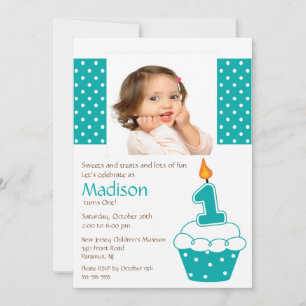 Turquoise Cupcake Photo Birthday Invitation