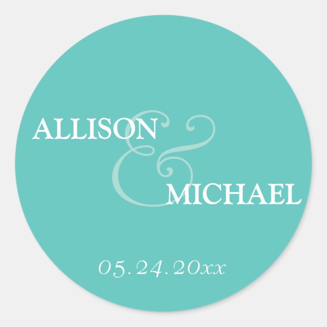 Turquoise custom ampersand wedding favor label (Front)