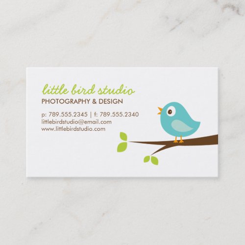 Turquoise Cute Bird on a Branch Business Cards