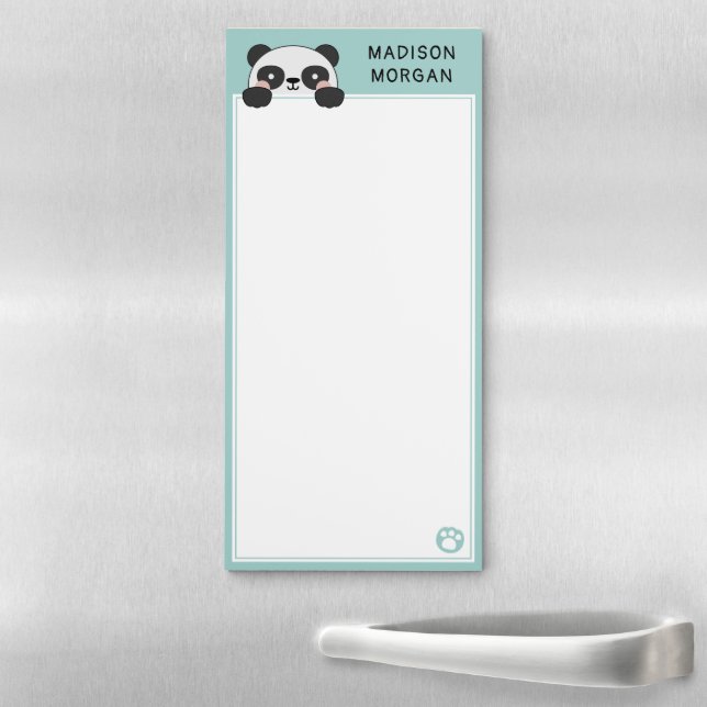 Turquoise Cute Panda Bear & Paws Add Your Name Magnetic Notepad (In Situ)