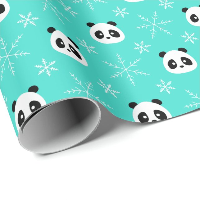 Turquoise - Cute Pandas with Snowflakes Wrapping Paper (Roll Corner)