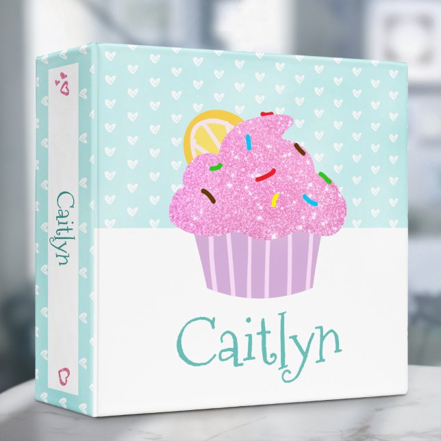 Turquoise cute pink cupcake hearts modern school  3 ring binder (Creator Uploaded)