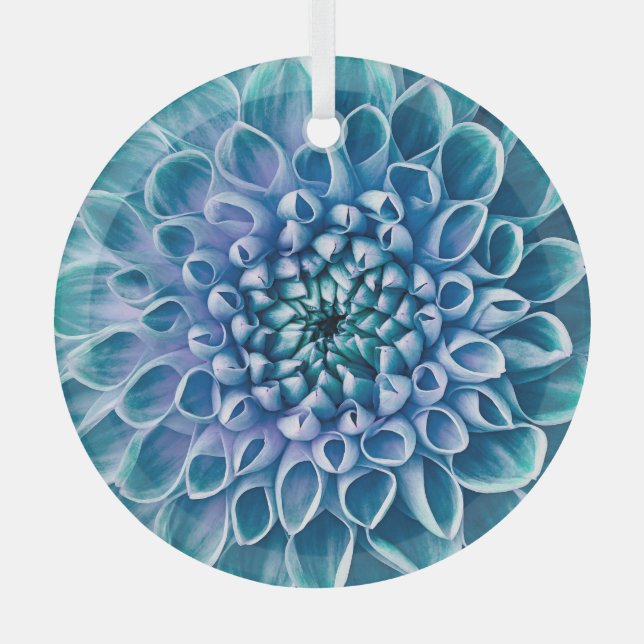 Turquoise Dahlia Flower Macro Background Glass Ornament (Front)