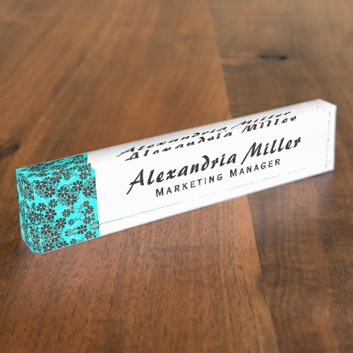 Turquoise Daisies  Simple Modern Script Desk Name Plate