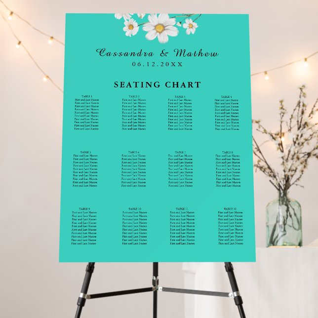 Turquoise Daisy Floral Wedding 120 Seating Chart Foam Board (In Situ (Stand))