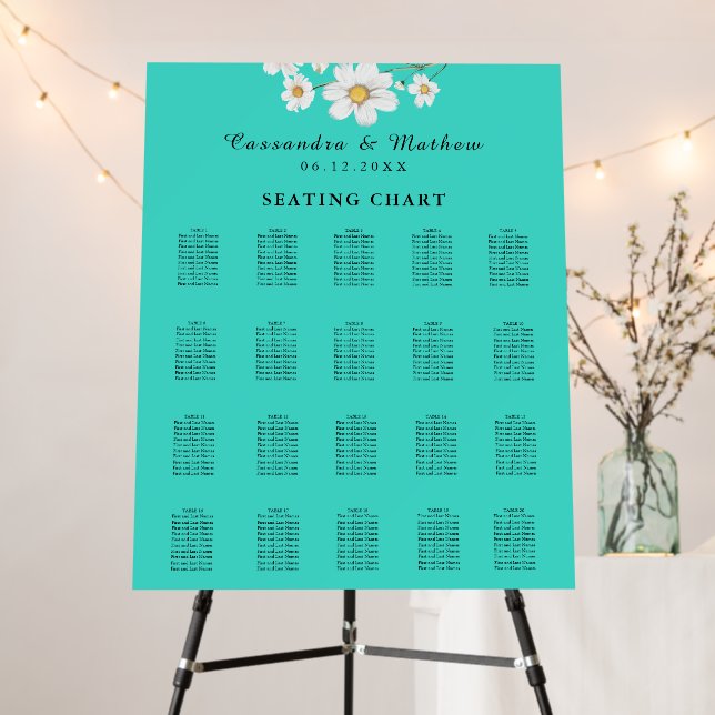Turquoise Daisy Floral Wedding 200 Seating Chart Foam Board (In Situ (Stand))