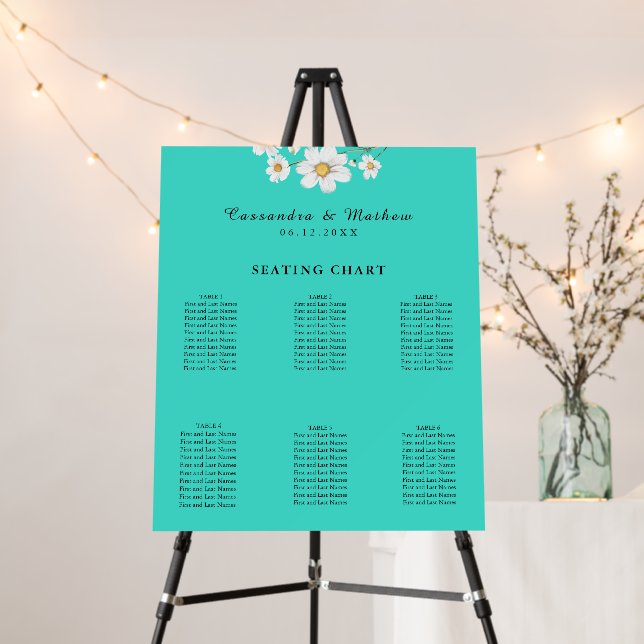 Turquoise Daisy Floral Wedding 60 Seating Chart Foam Board (In Situ (Stand))