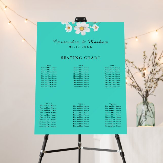 Turquoise Daisy Floral Wedding 60 Seating Chart Foam Board (In Situ (Stand))