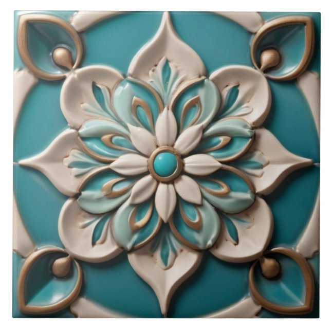 Turquoise Daisy Flower Faux Relief Boho Floral Ceramic Tile (Front)