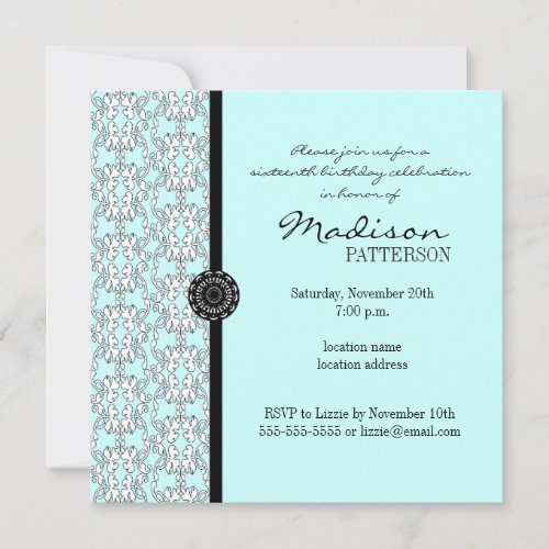 Turquoise Damask Baroque Sweet 16 Party Invitation