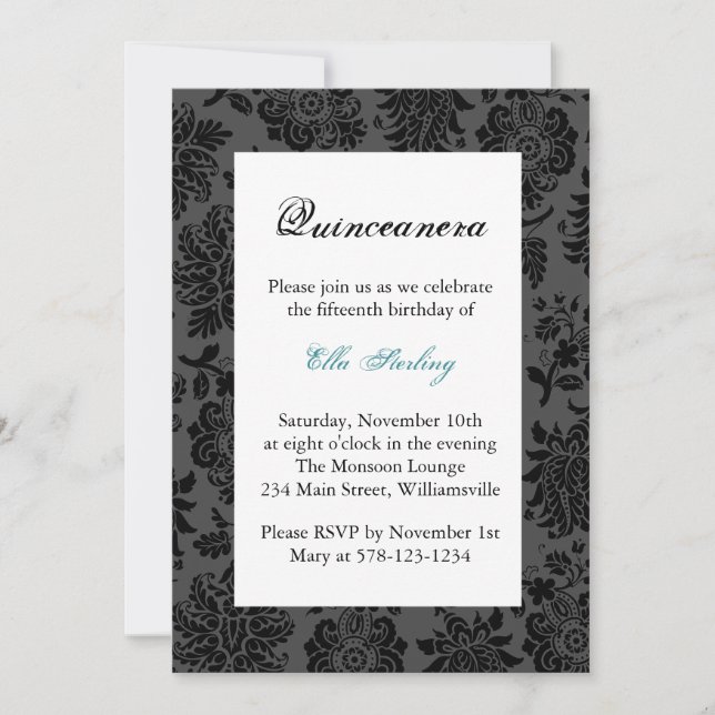 Turquoise Damask Birthday Invitation (Front)
