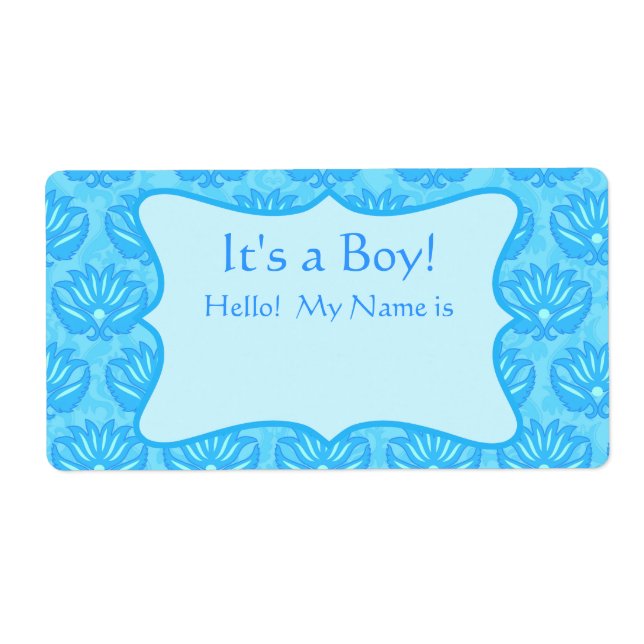 Turquoise Damask Boy Baby Shower Custom Name Tag (Front)