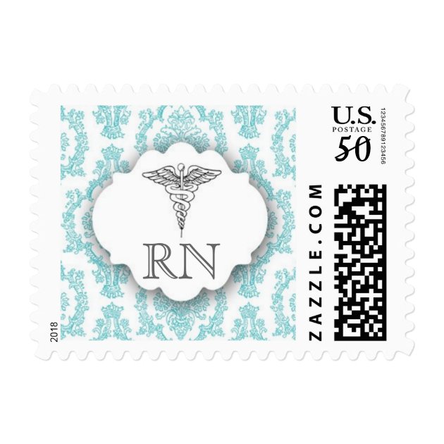 Turquoise Damask Caduceus RN Postage Stamp