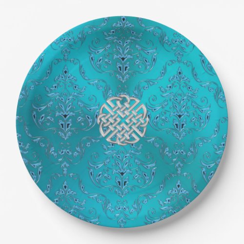 Turquoise Damask Celtic Knot Paper Plates