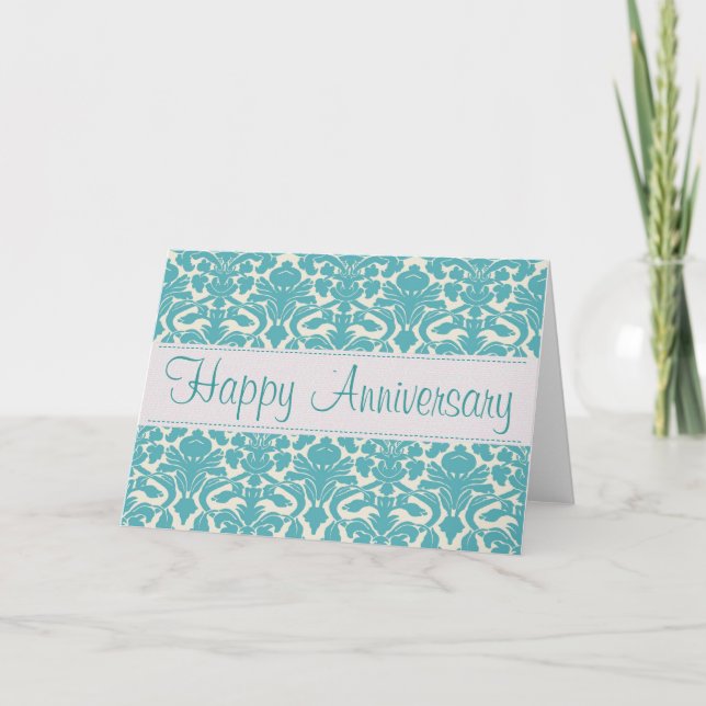Turquoise Damask Customizable Anniversary Card (Front)