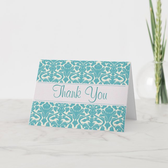 Turquoise Damask Customizable Thank You Card (Front)
