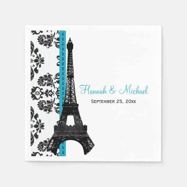 TURQUOISE Damask Eiffel Tower Wedding Napkins (Front)
