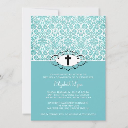 Turquoise Damask First Communion Inviation Invitation